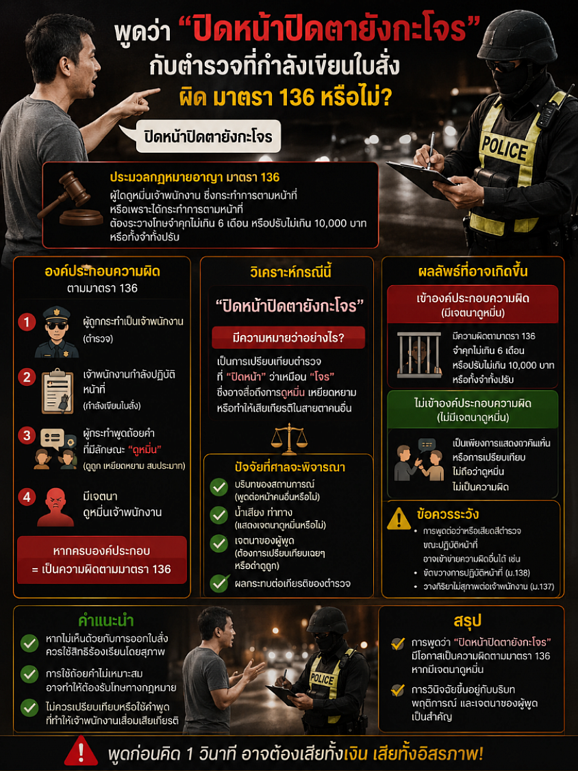 กล่าวกับเจ้าพนักงานที่กำลังเขียนใบสั่งว่า ปิดหน้าปิดตาทำตัวอย่างกับโจรแบบนี้ผิดหรือไม่